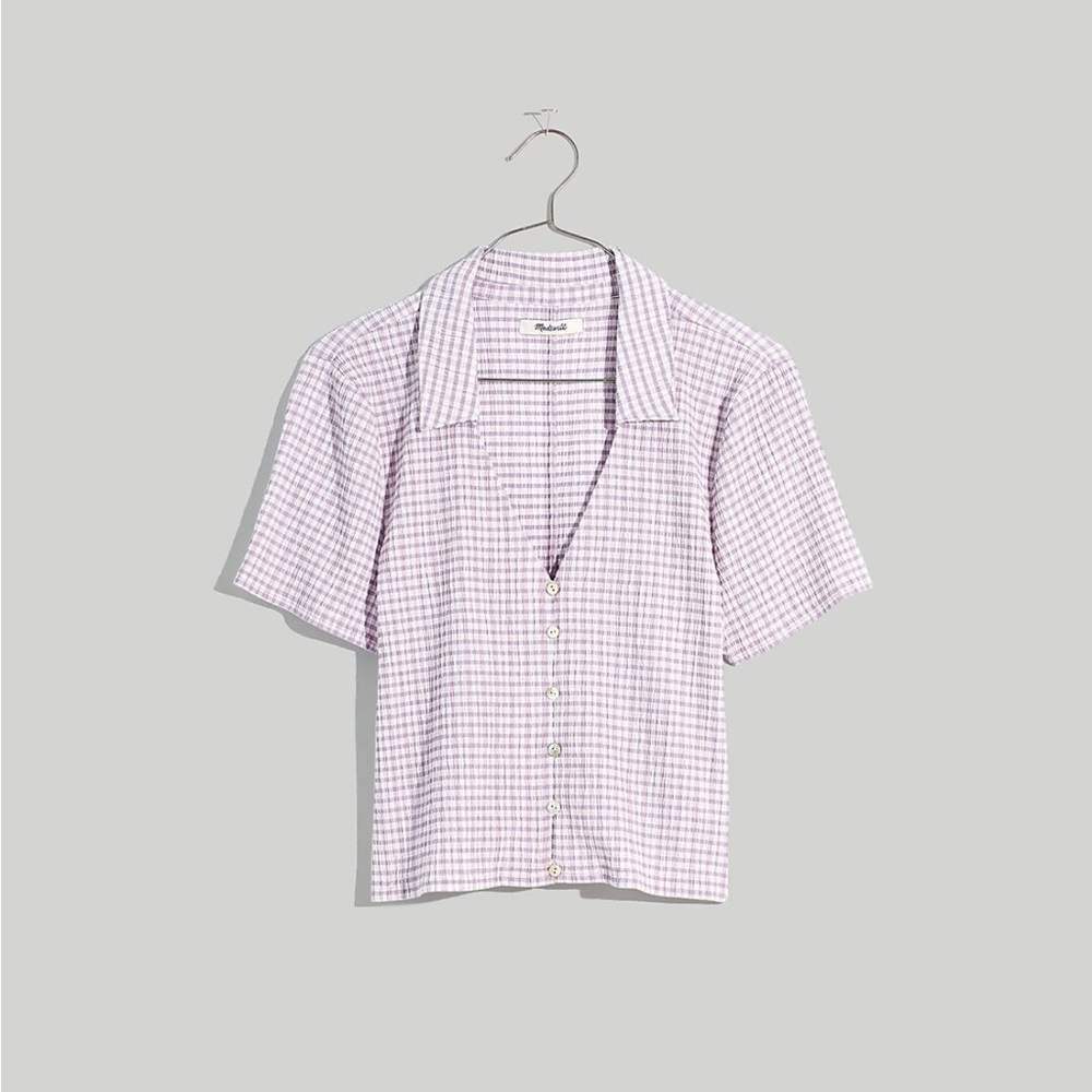 Madewell Crinkled Y-Neck Button-Down Shirt in Plaid